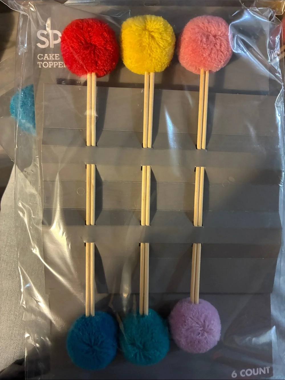 🖍️ Spritz Colorful Pom Pom Cake Toppers - Assorted Colors, 6 Count